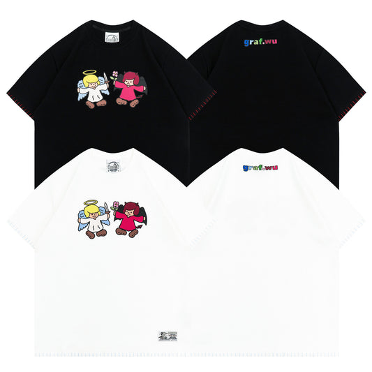 GRAF&WU Cartoon Retro Angel Devil Streetwear Loose T-shirt
