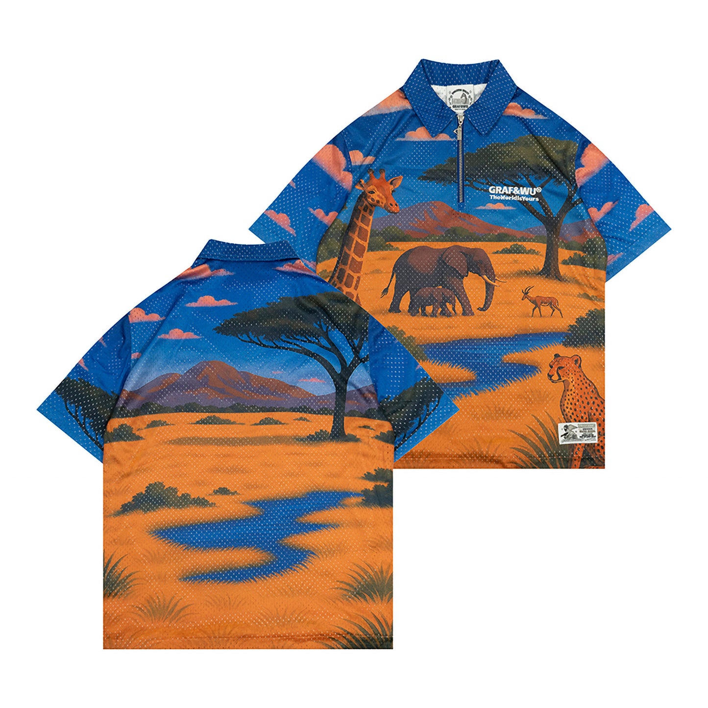 GRAF&WU African Scenery Giraffe Cheetah Retro Double Mesh T-shirt