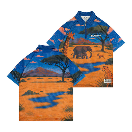 GRAF&WU African Scenery Giraffe Cheetah Retro Double Mesh T-shirt