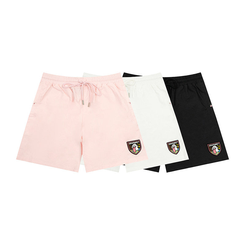 GRAF&WU Cute Button Embroidered Patch Vacation Lightweight Shorts