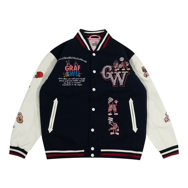 GRAF&WU Viscera Party Embroidery Leather Sleeved Woolen Retro Baseball Jacket