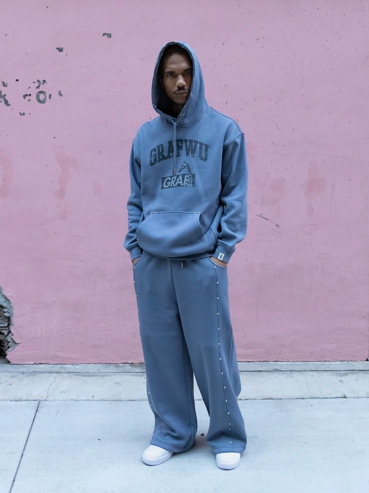 GRAF&WU Studded Design Streetwear Casual Fleece Trousers