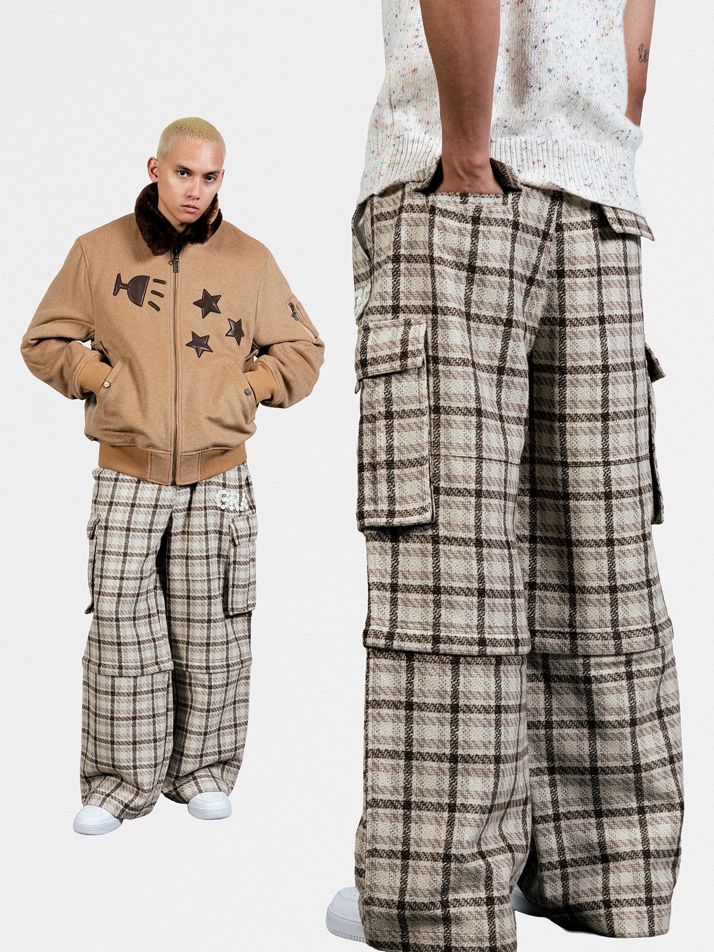 GRAF&WU Hand-sewn Buttons Fashion Design Cargo Wool Trousers
