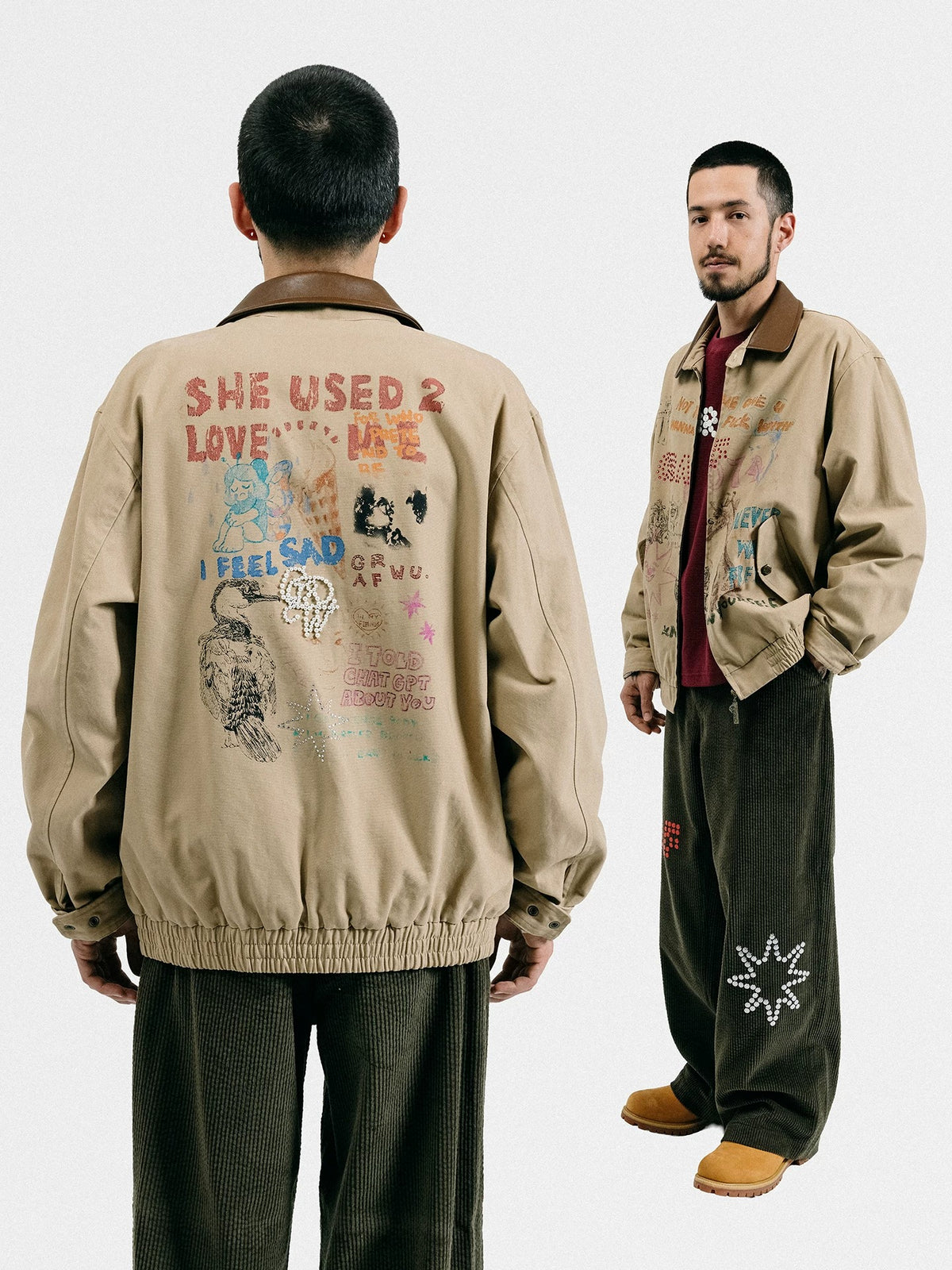 GRAF&WU Leather Collar Harrington Graffiti Vintage Jacket