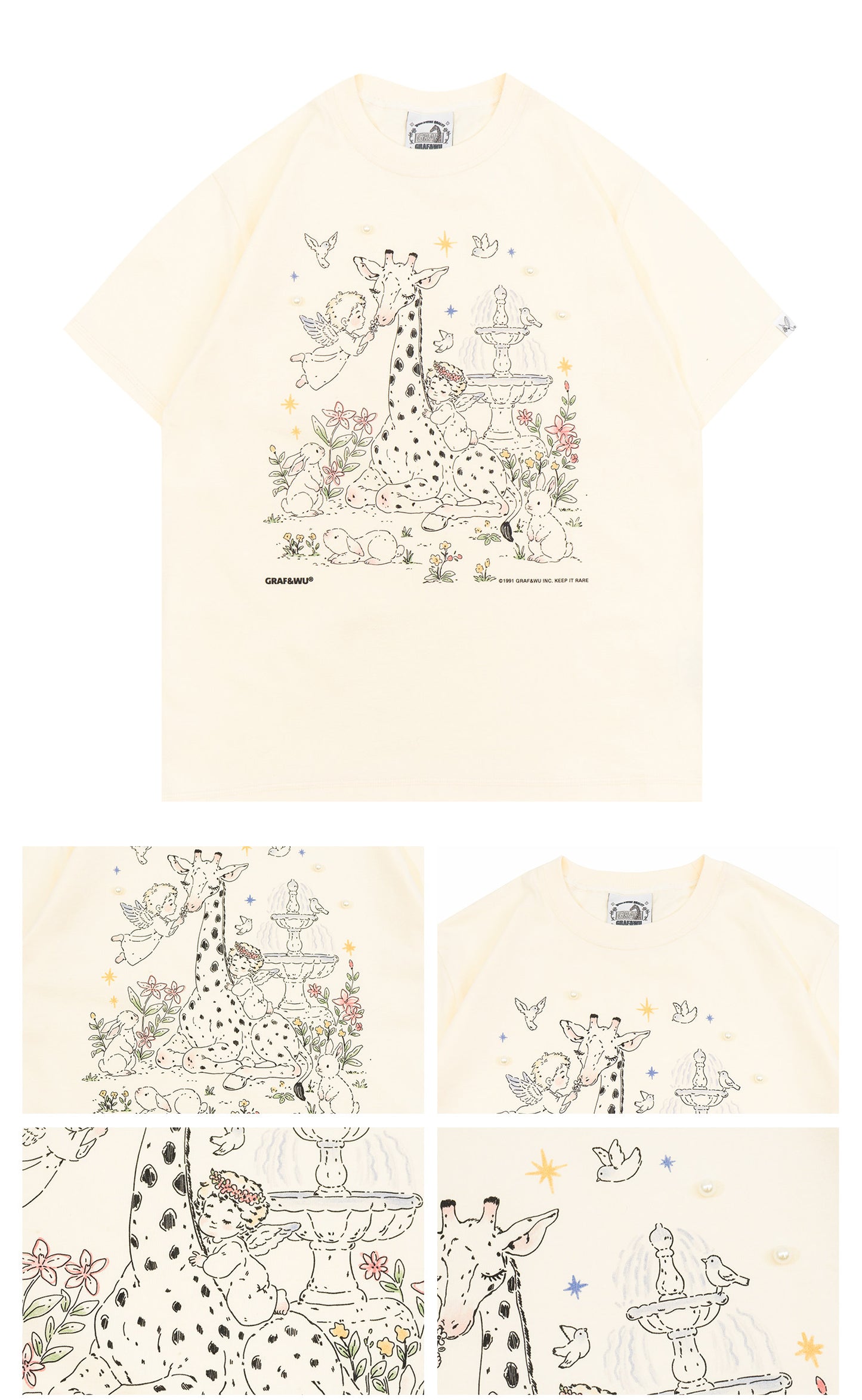GRAF&WU Pearl Giraffe Garden Angel Floral Hand-painted T-shirt