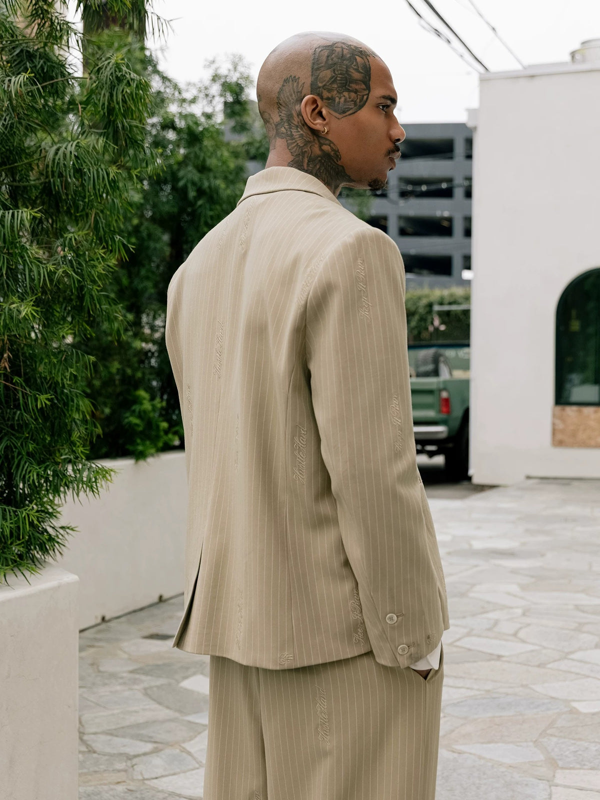 GRAFWU Oversized Pinstripe Double-Breasted Blazer Unisex Neutral Tone Suit
