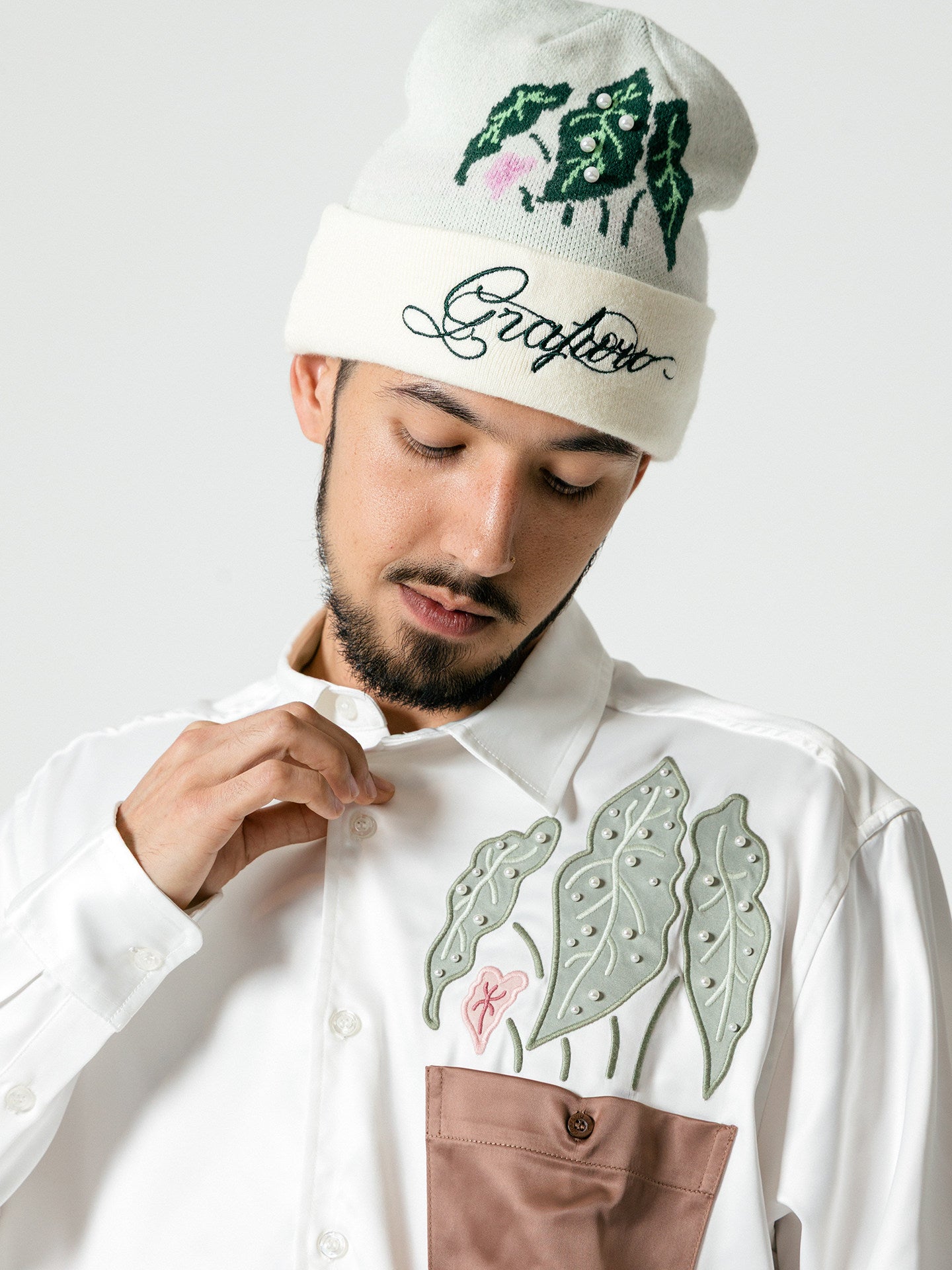 GRAF&WU Tropical Green Plant Sewn Pearl Letter Embroidery Wool Beanie | Winter Knit Hat