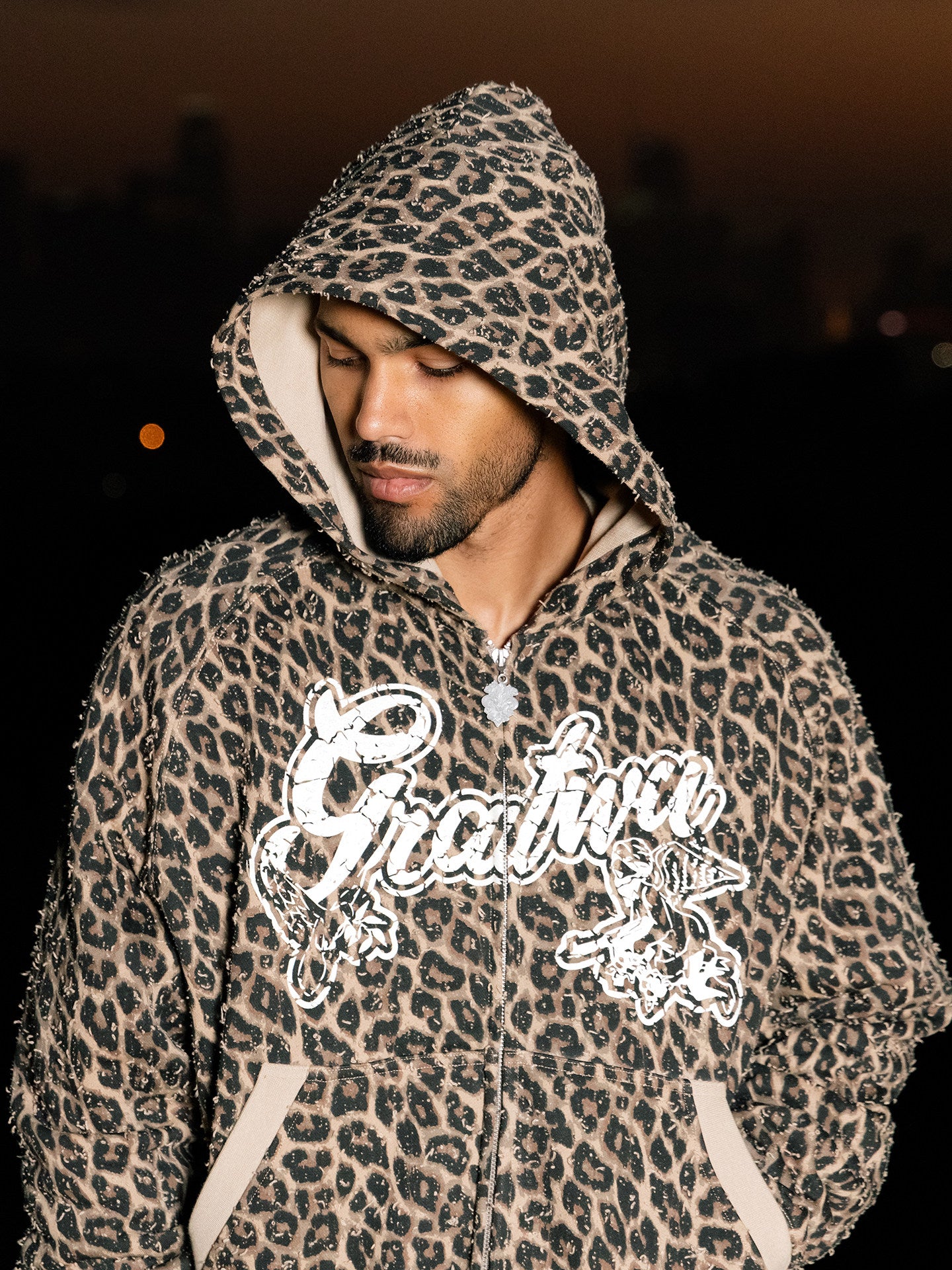 GRAF&WU Vintage Worn-in Leopard Print AK Angel Zipper Hoodie