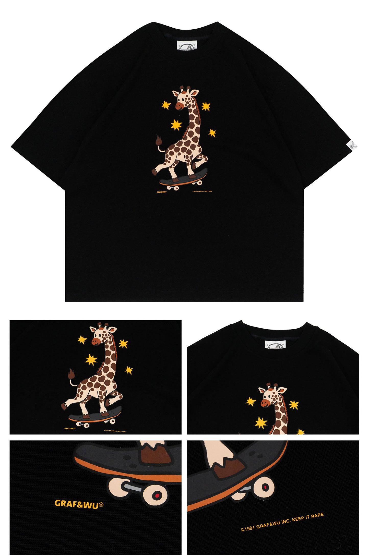 GRAF&WU Street Skateboard Cartoon Star Giraffe Art Boxy Fit T-shirt