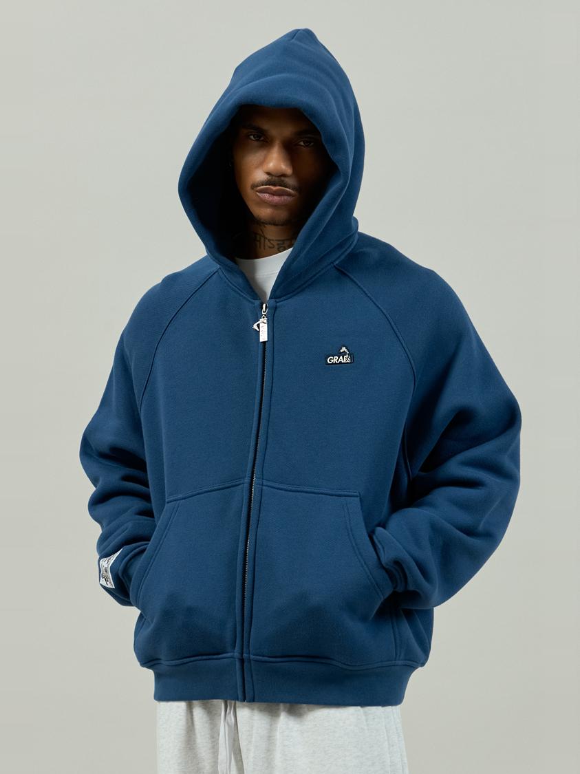 GRAF&WU Zip-up Hoodie Metal Deer Emblem Thick Fleece Cardigan