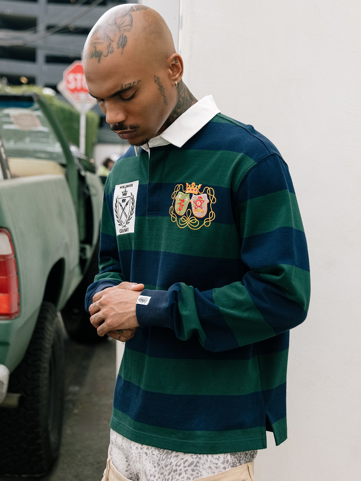 GRAF&WU Striped Polo Collar Rugby Style Design Long Sleeves Shirt