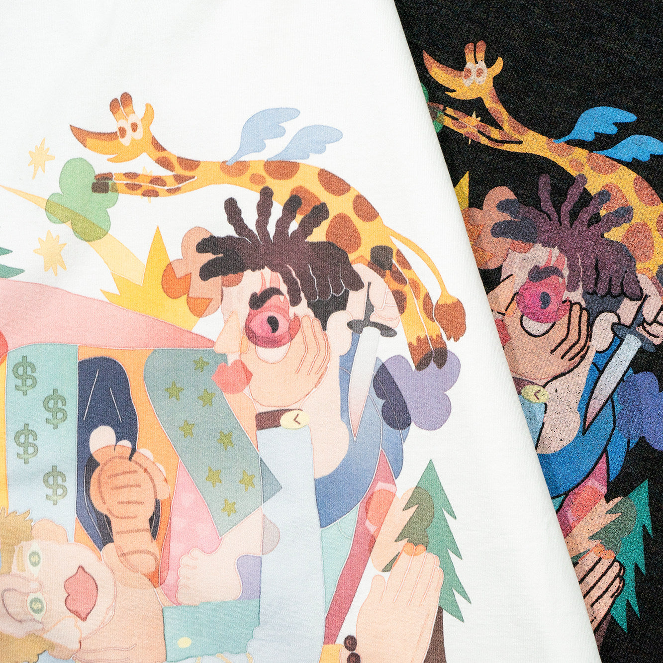 GRAF&WU Giraffe Fable Greed and Jealousy Abstract Streetwear Ice Silk Fabric T-Shirt