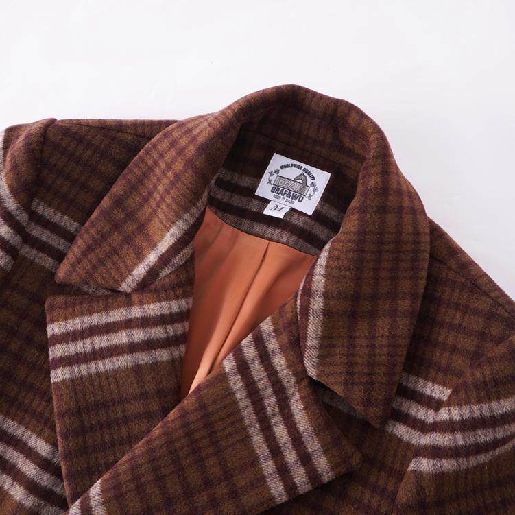 GRAF&WU Fashion Brown Plaid Embroidered 100% Wool Jacket Coat