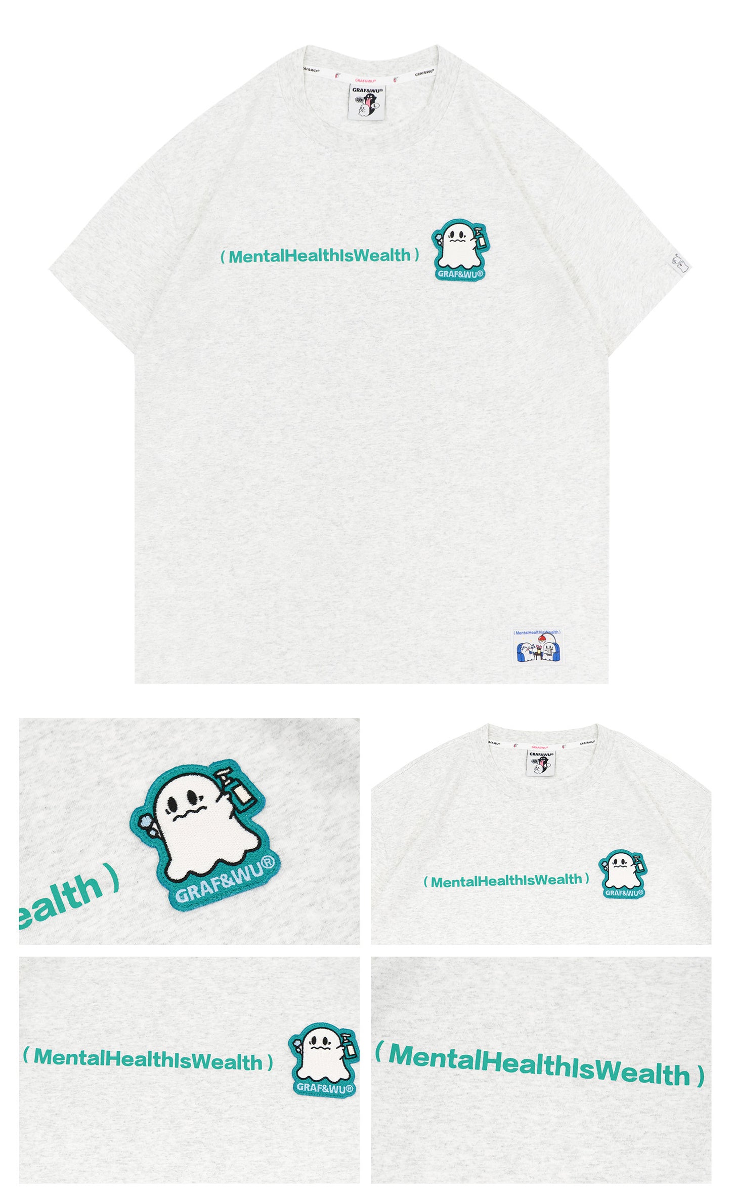 GRAF&WU Mental Health Series Cute Ghost Embroidery Graphic T-Shirt