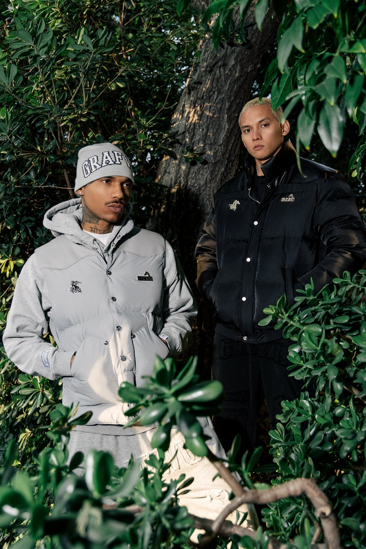 GRAF&WU Metal AK47 Angel Deer Logo PU Leather Collar Down Jacket