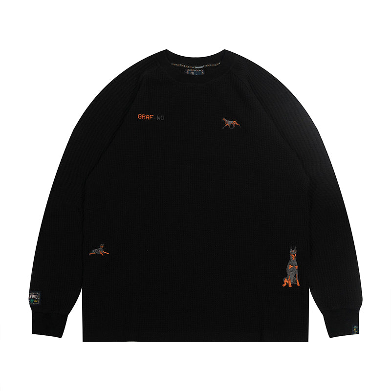 GRAF&WU Running Doberman Embroidery Waffle Cotton Long Sleeve Shirt