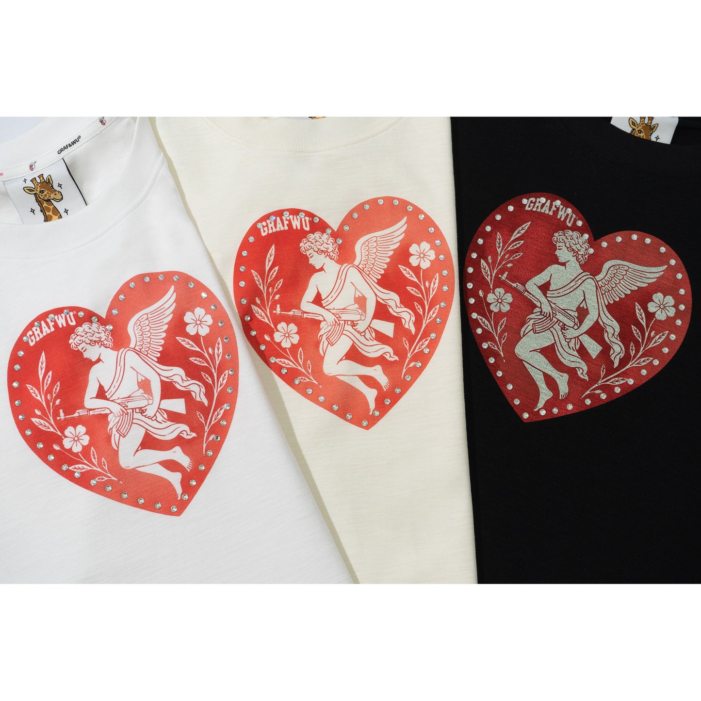 GRAF&WU AK47 Greek Angel Rhinestone Shiny Heart T-Shirt