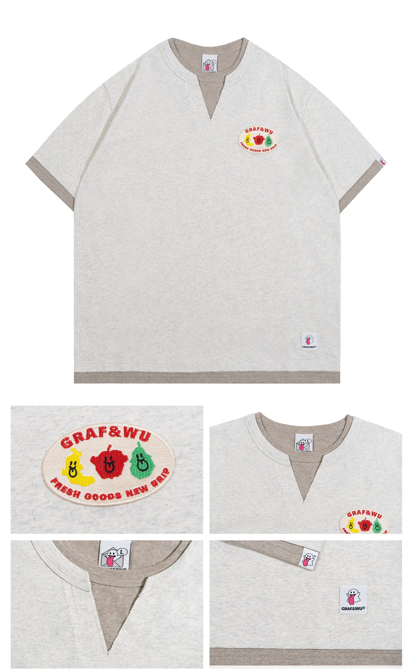 GRAF&WU Vintage Fake Two-Piece Notch Crew Neck T-Shirt