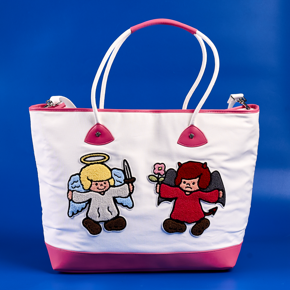 GRAF&WU Angel Devil Chenille Embroidery Oversized Canvas Tote Bag