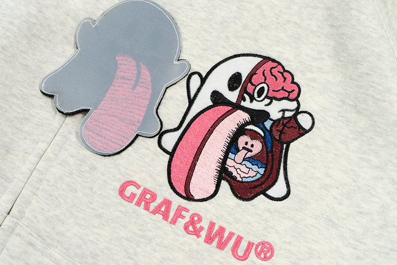 GRAF&WU Sweet Anatomy Cute Ghost Velcro Zip up Boxy Hoodie