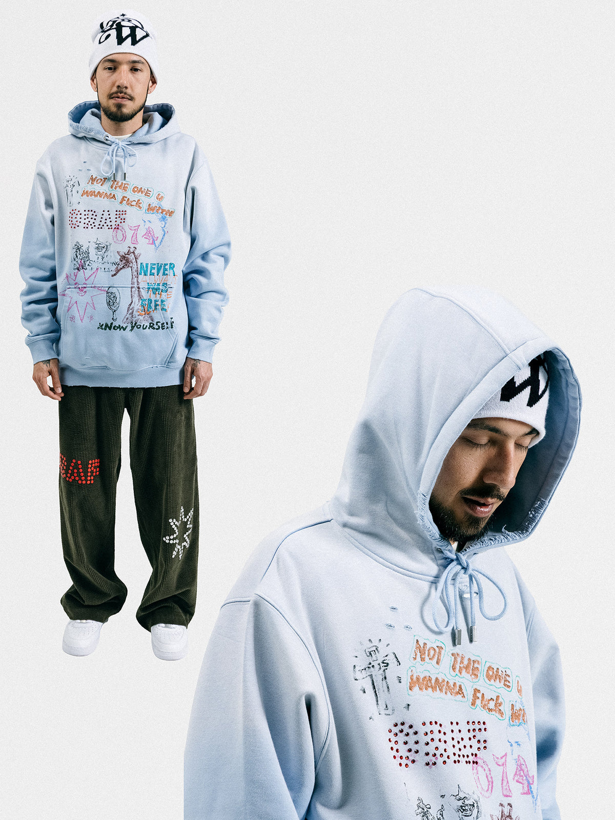 GRAF&WU Graffiti Rhinestone Distressed Hoodie