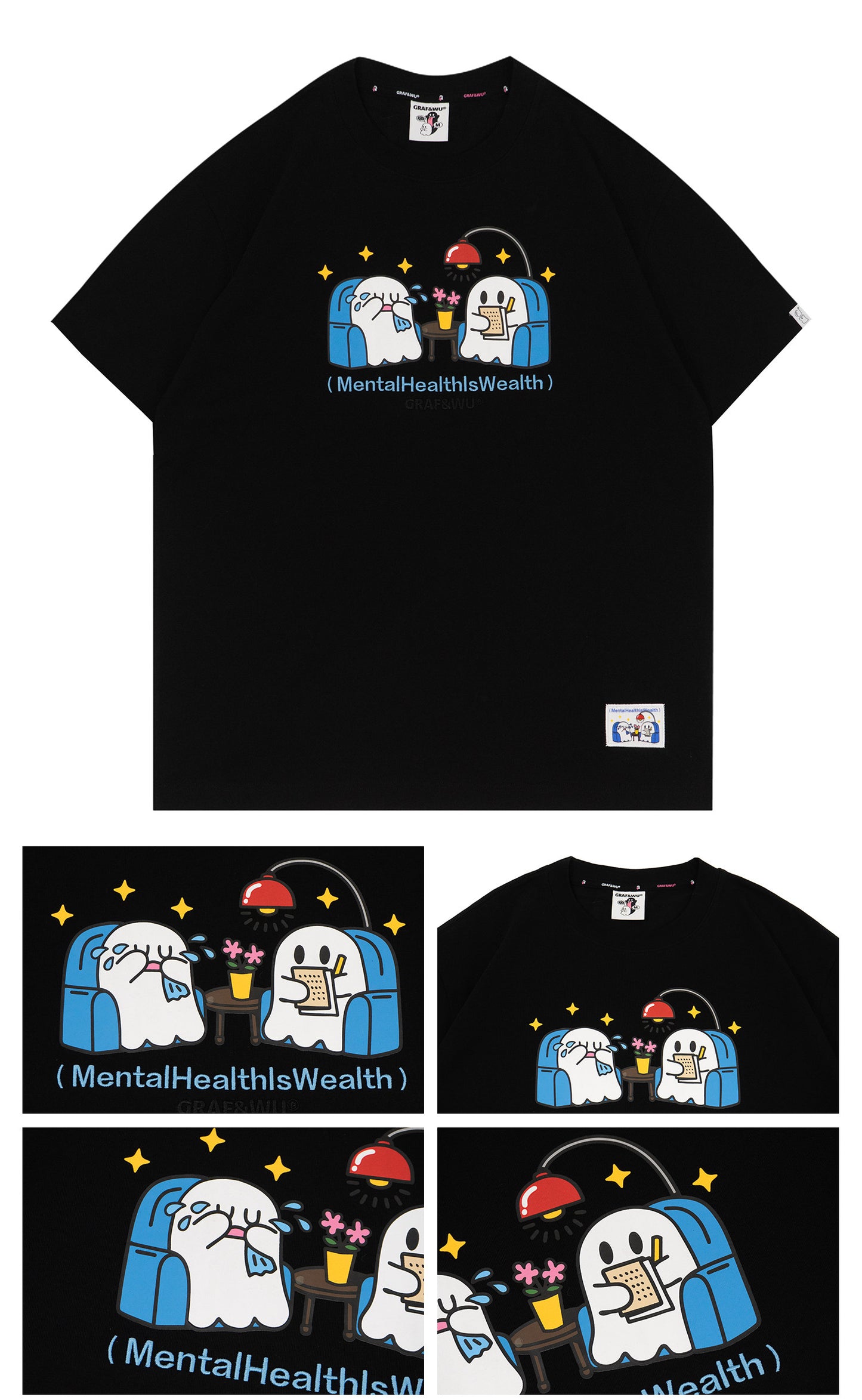 GRAF&WU Hug Feelings Psychological Counseling Cute Ghost T-shirt