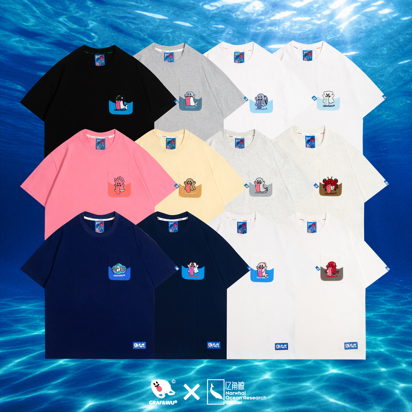 GRAF&WU Ocean Protect Coral Whale Giant Clam Cute Ghost Pocket T-shirt
