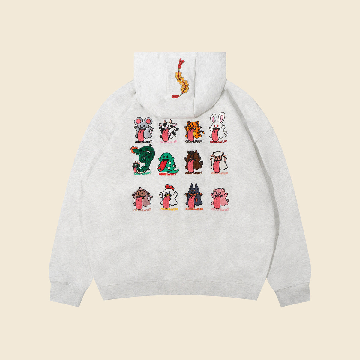 GRAF&WU Chinese Zodiac Cute Ghost Themed Embroidered Oversized Fleece Hoodie