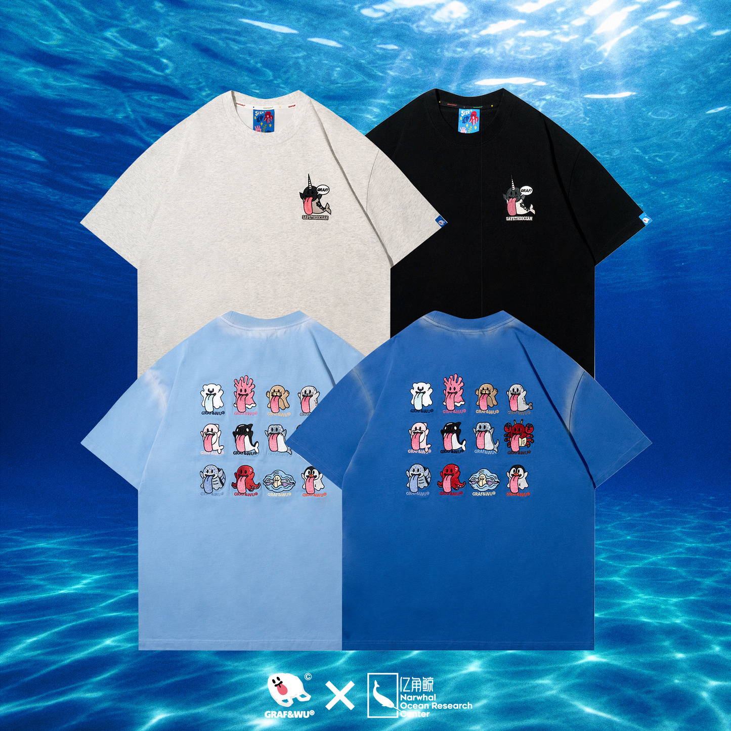 GRAF&WU 12 Ocean Cute Ghost Character Embroidered T-Shirts