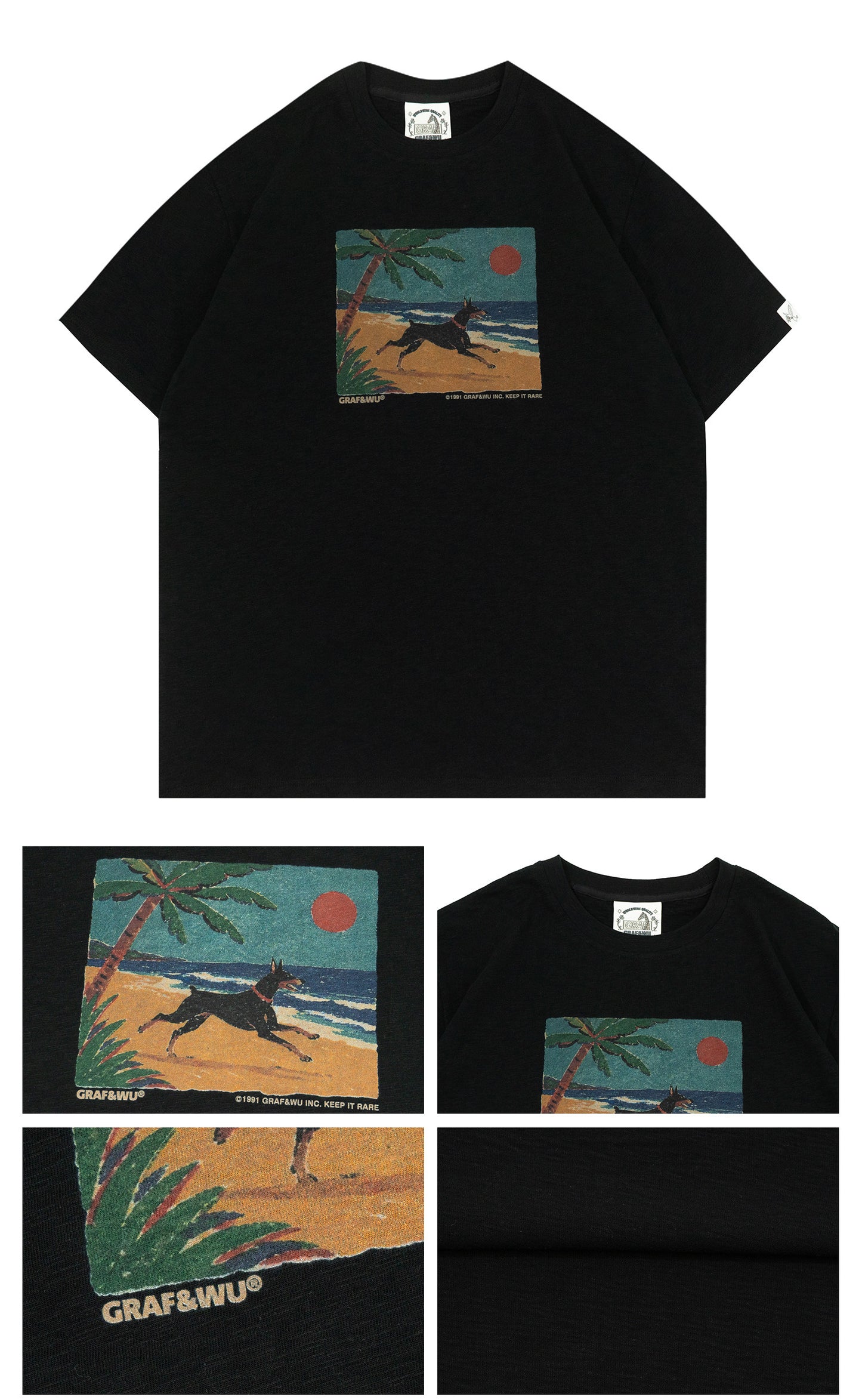 GRAF&WU Doberman Beach Running Oil Painting Pattern T-shirt