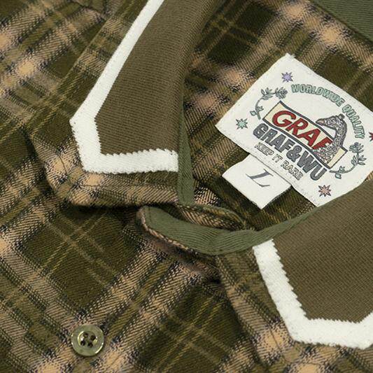 GRAF&WU Embroidered Plaid Button Up Shirt Ribbed Trim Oversized Streetwear
