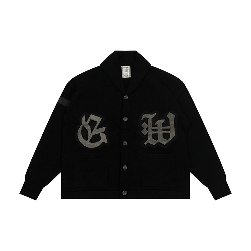 GRAF&WU Embroidered Badge Vintage Shawl Collar Knitted Sweater