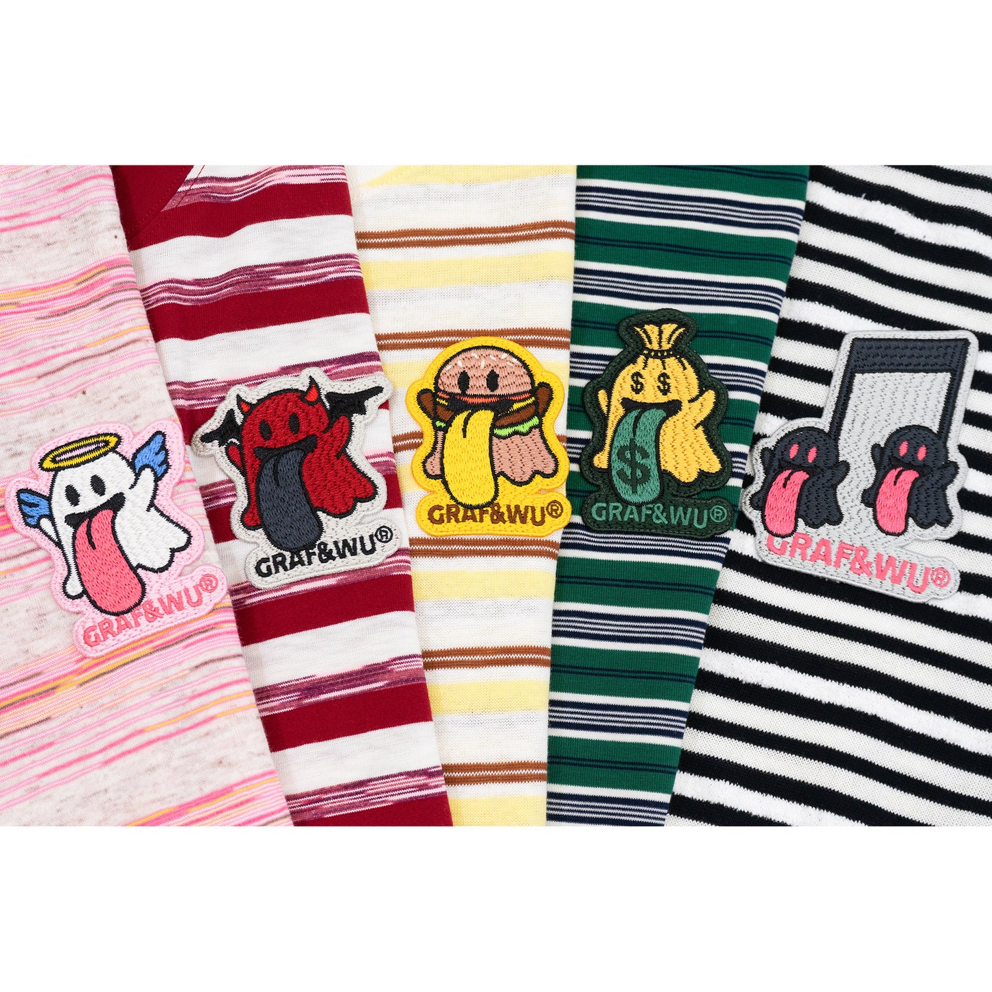 GRAF&WU OG Cute Ghost Angel Devil Embroidered Colorful Striped T-Shirt