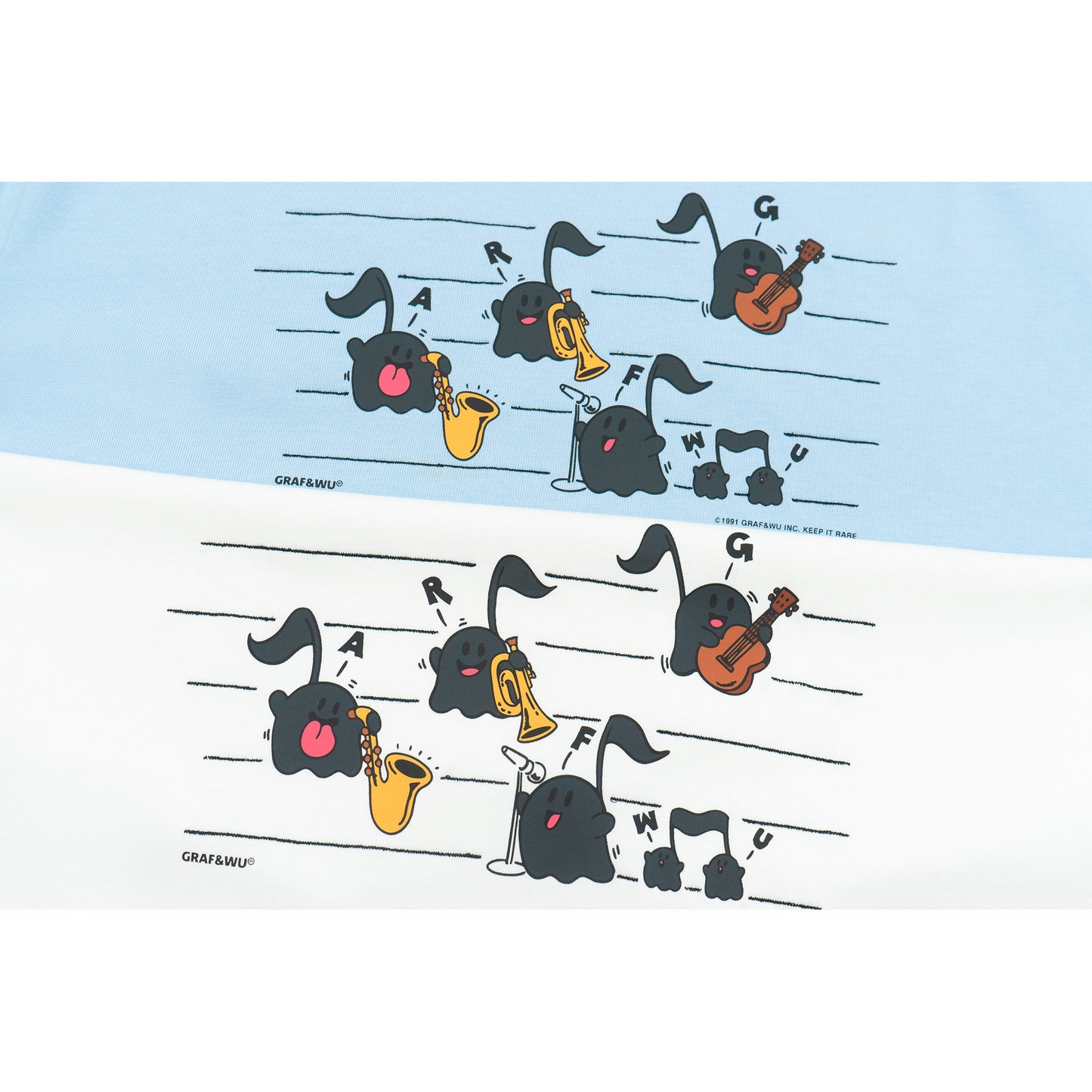 GRAF&WU Musical Note Cute Ghost Jazz Band Printed Cotton T-shirt