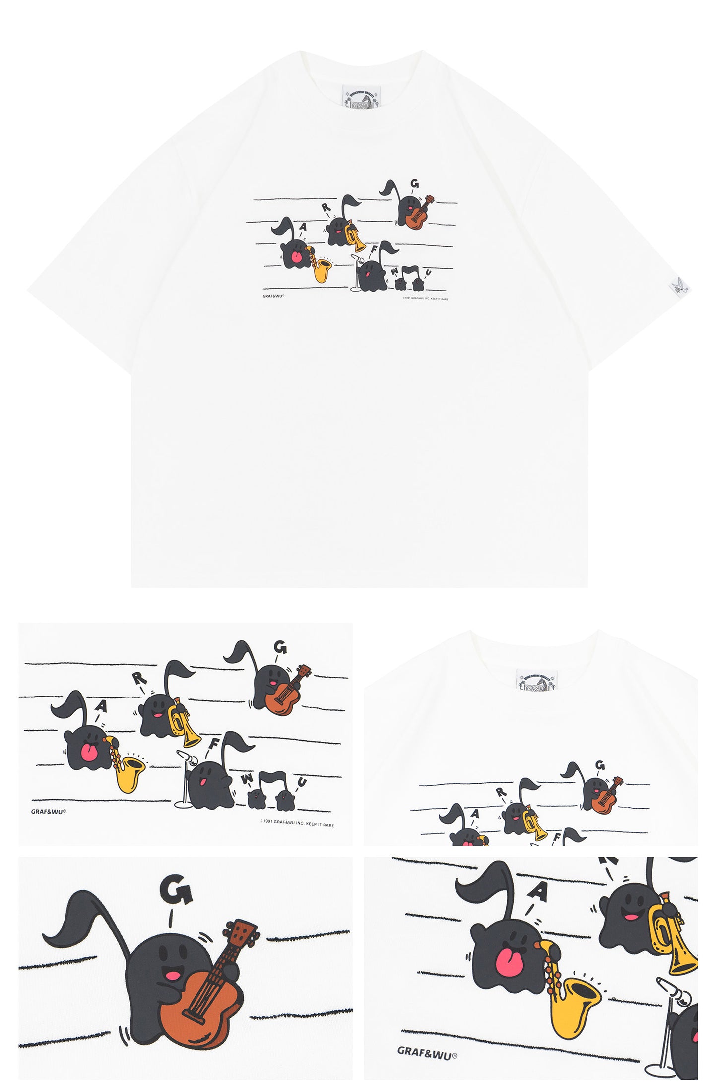 GRAF&WU Musical Note Cute Ghost Jazz Band Printed Cotton T-shirt