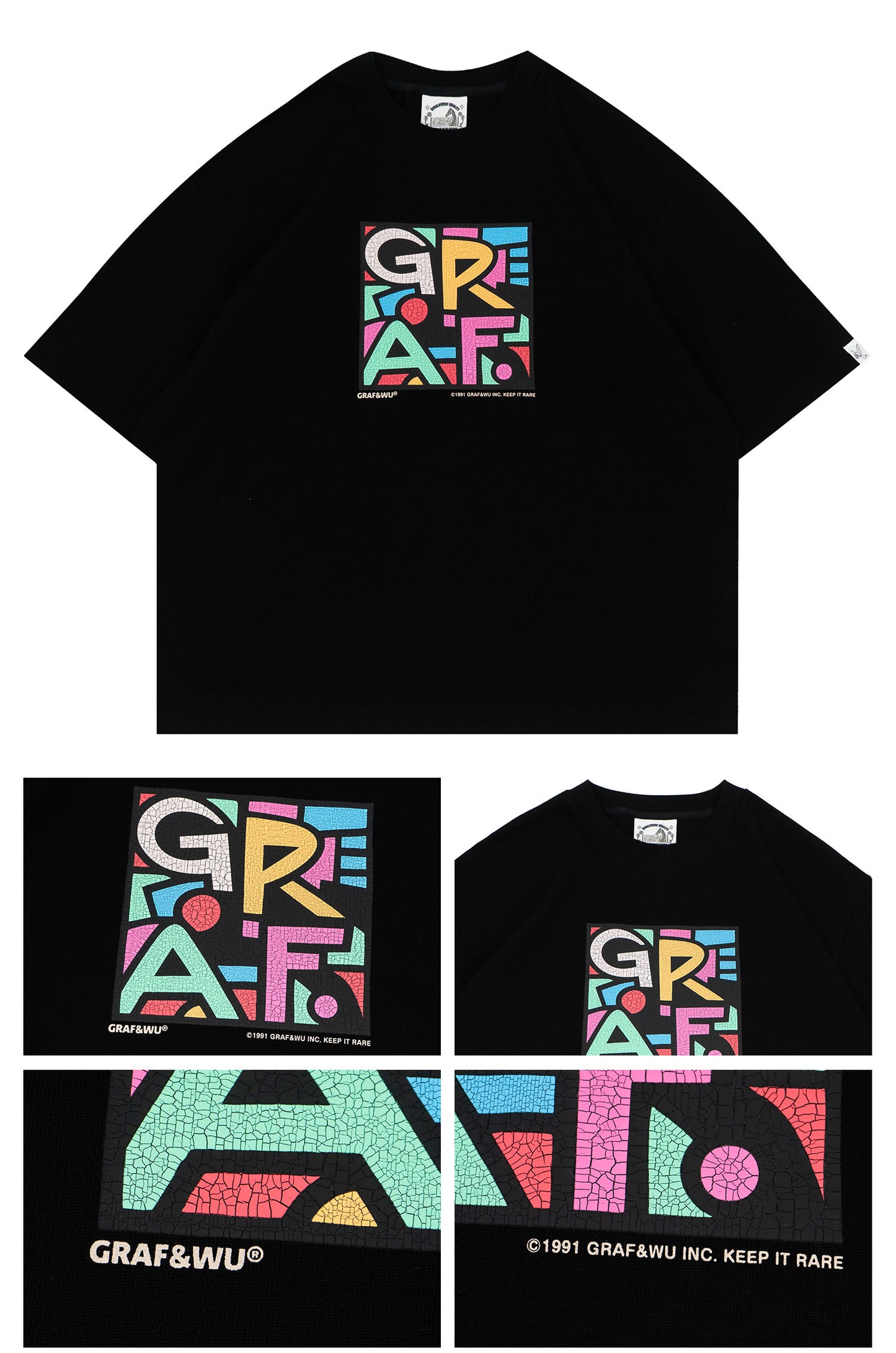 GRAF&WU Vintage Distressed Cracked Abstract Letter Art Print T-shirt