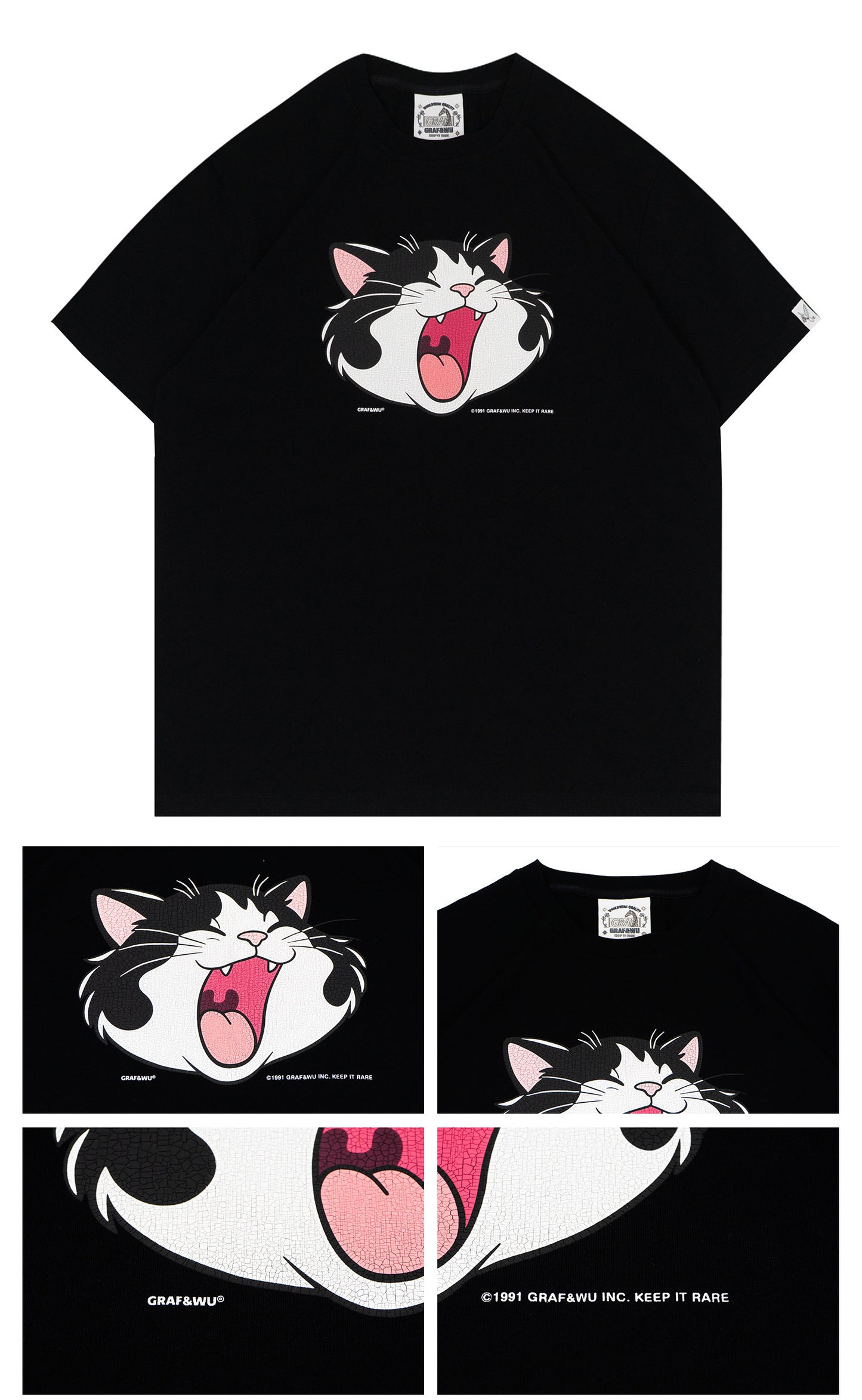 GRAF&WU Retro Crackle Print Cat Pattern T-shirt