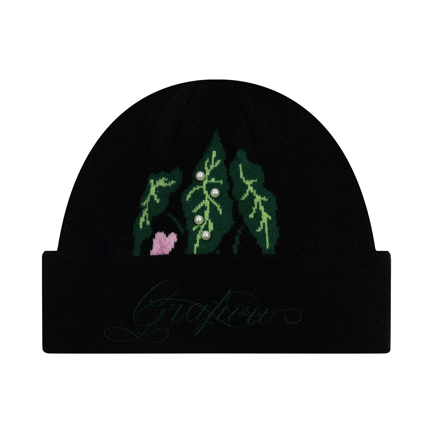 GRAF&WU Tropical Green Plant Sewn Pearl Letter Embroidery Wool Beanie | Winter Knit Hat