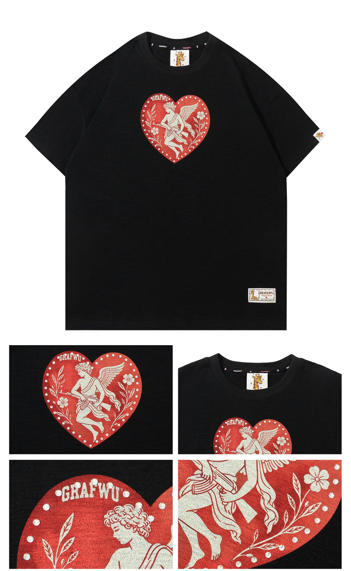 GRAF&WU AK47 Greek Angel Rhinestone Shiny Heart T-Shirt