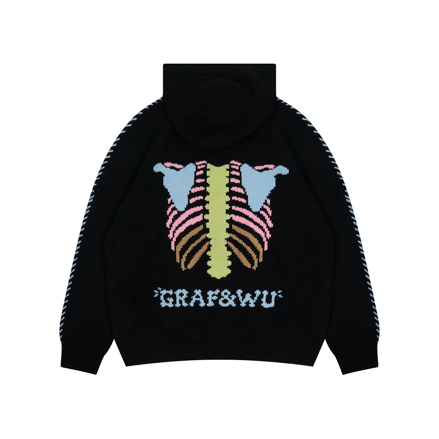 GRAF&WU Colorful Ribcage Knit Zip Up Hoodie Skeleton Streetwear