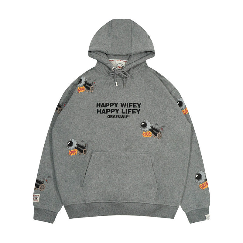 GRAF&WU Happy Wifey Lifey Hoodie | Grey Cartoon Graphic Streetwear