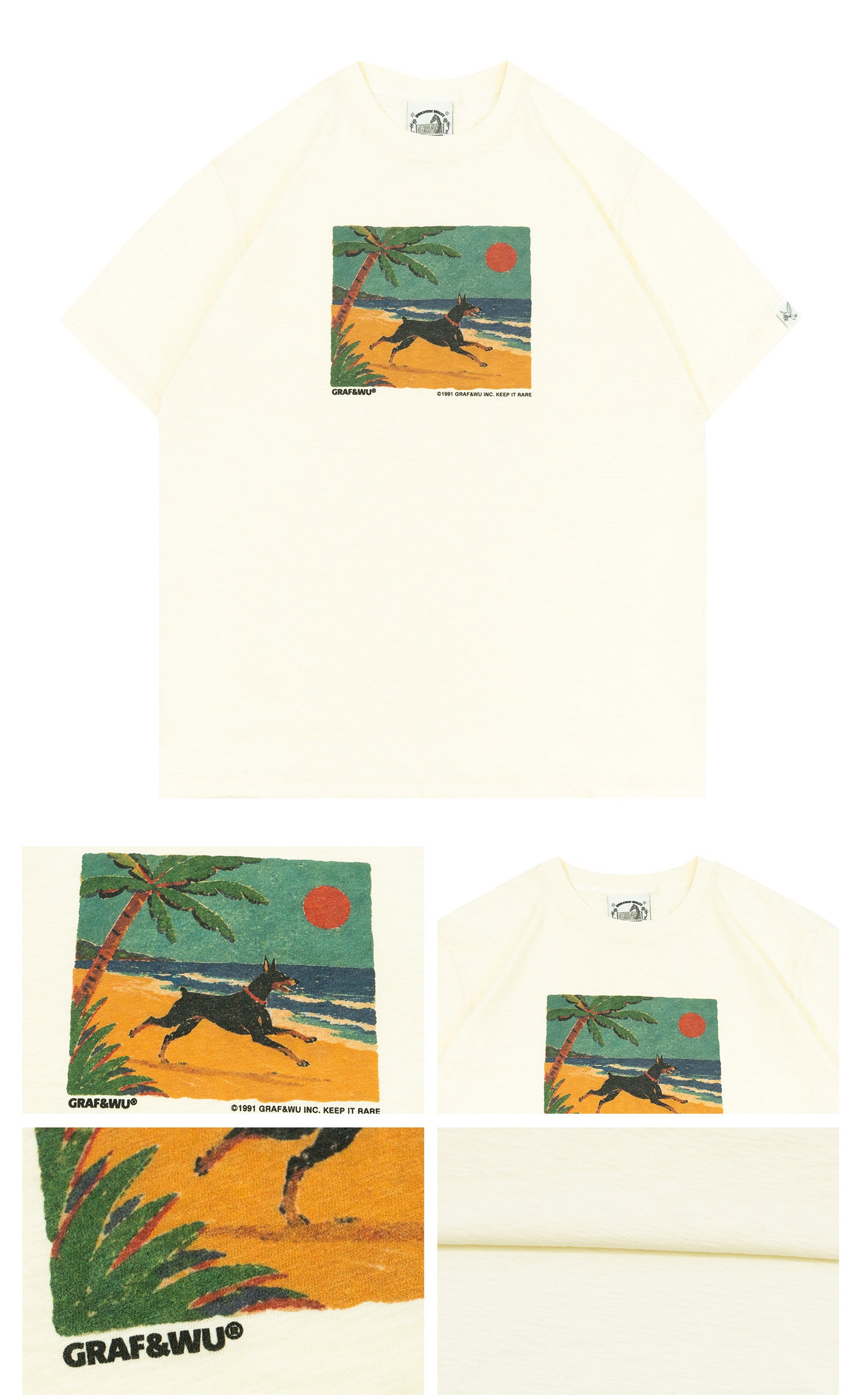 GRAF&WU Doberman Beach Running Oil Painting Pattern T-shirt