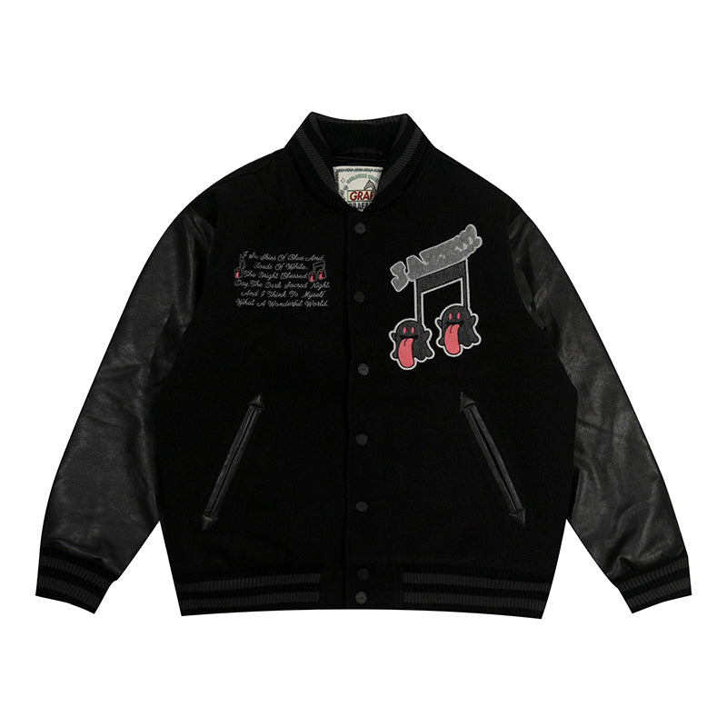 GRAF&WU Jazz Cute Ghost Leather Sleeved Wool Vintage Baseball Jacket