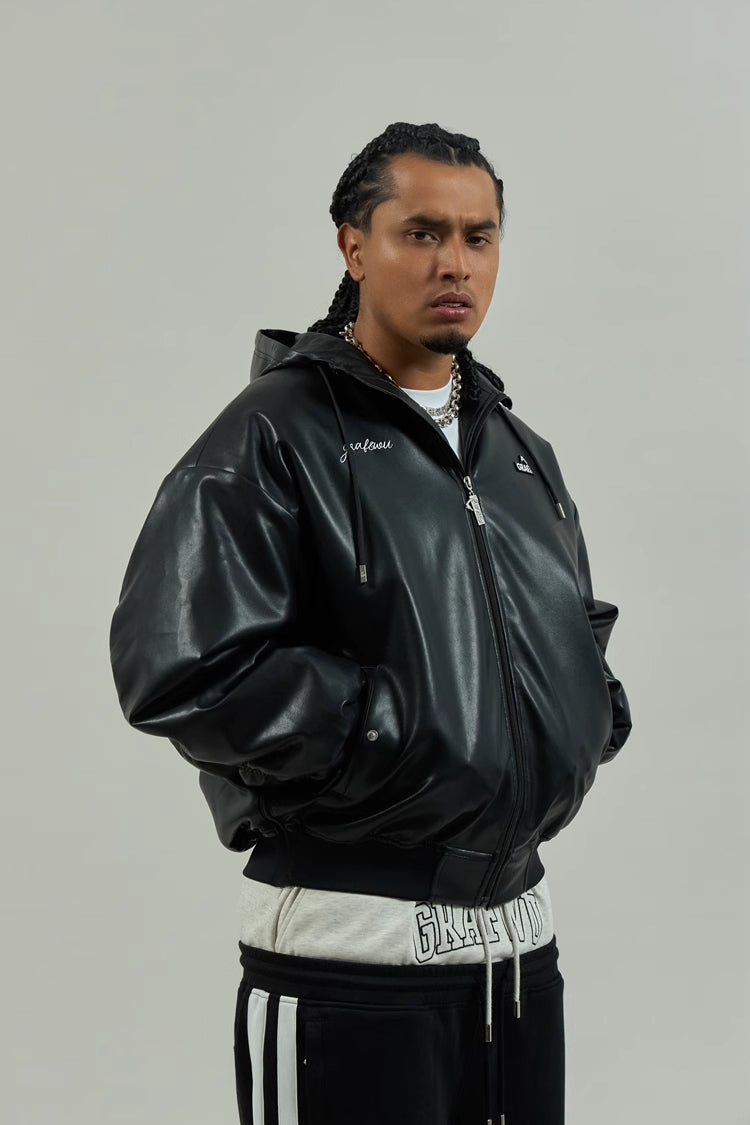 GRAF&WU Winter Vibe Metal Deer Brand Logo MA1 Leather Jacket