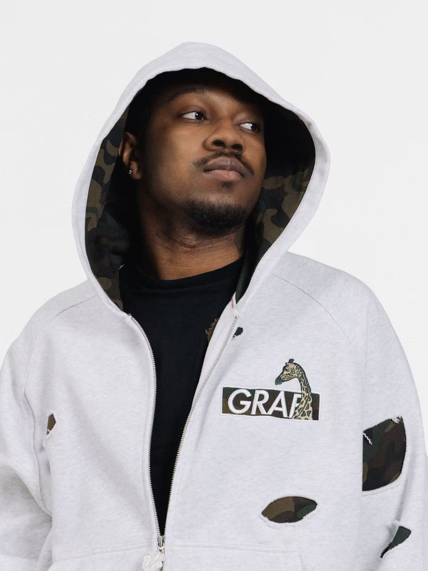 GRAF&WU Camouflage Giraffe Ripped Streetwear Zip-up Hoodie