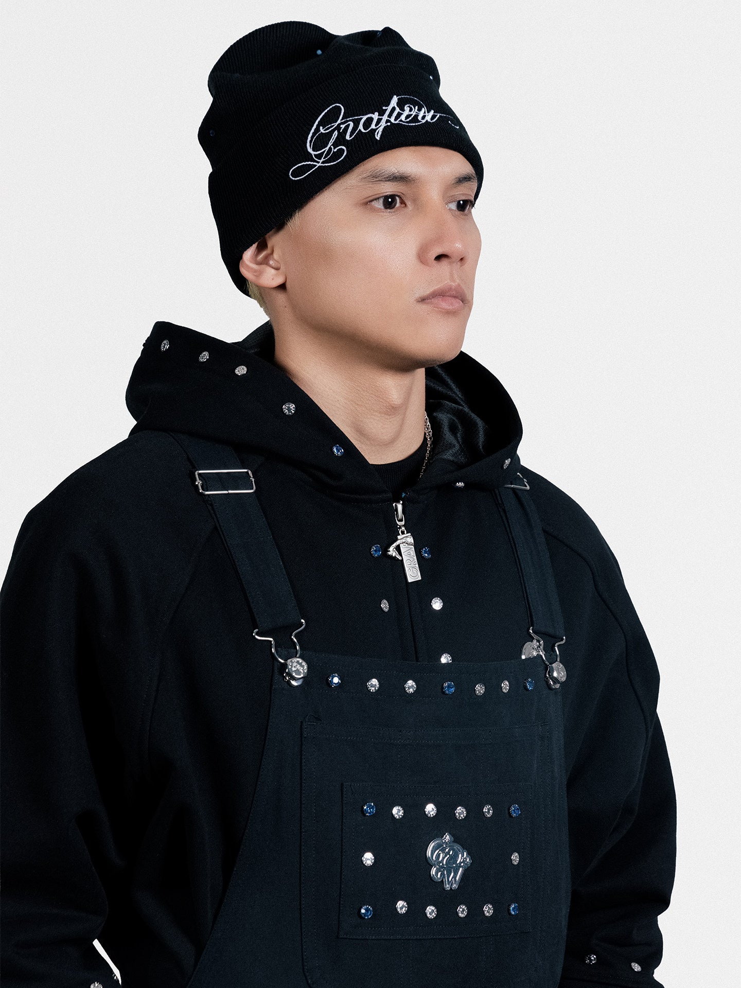 GRAF&WU Fashion Studded Blue Rhinestone Denim Overalls - Bling Streetwear