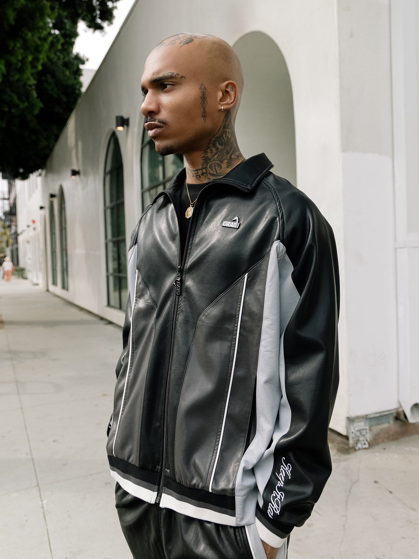 GRAF&WU Retro PU Leather Patchwork Black Warrior Sports Jacket