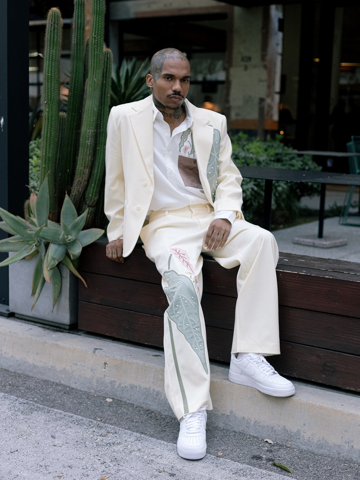 GRAF&WU Aesthetic Green Plant Embroidered Pearl Baggy Trousers