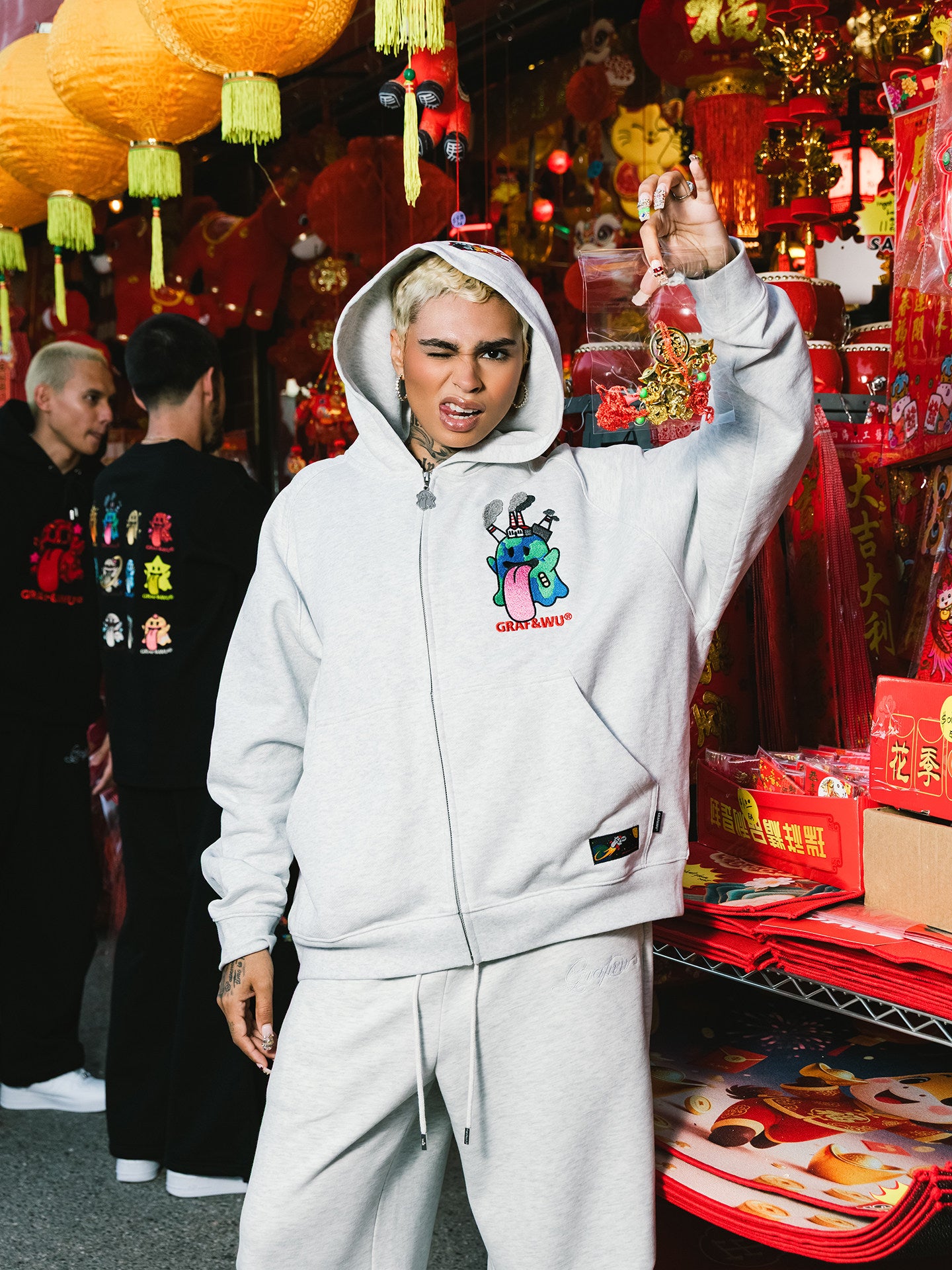 GRAF&WU Solar System Planet Cute Ghost Embroidered Zip-up Hoodie