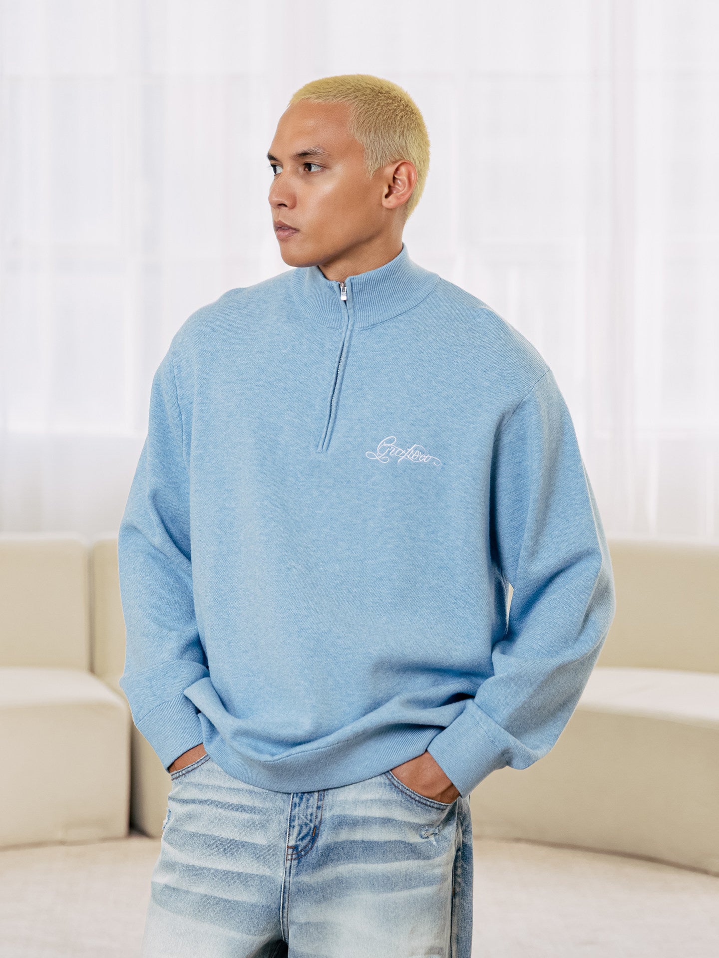 GRAF&WU Letter Embroidery Half-Zip Polo Collar Sweater